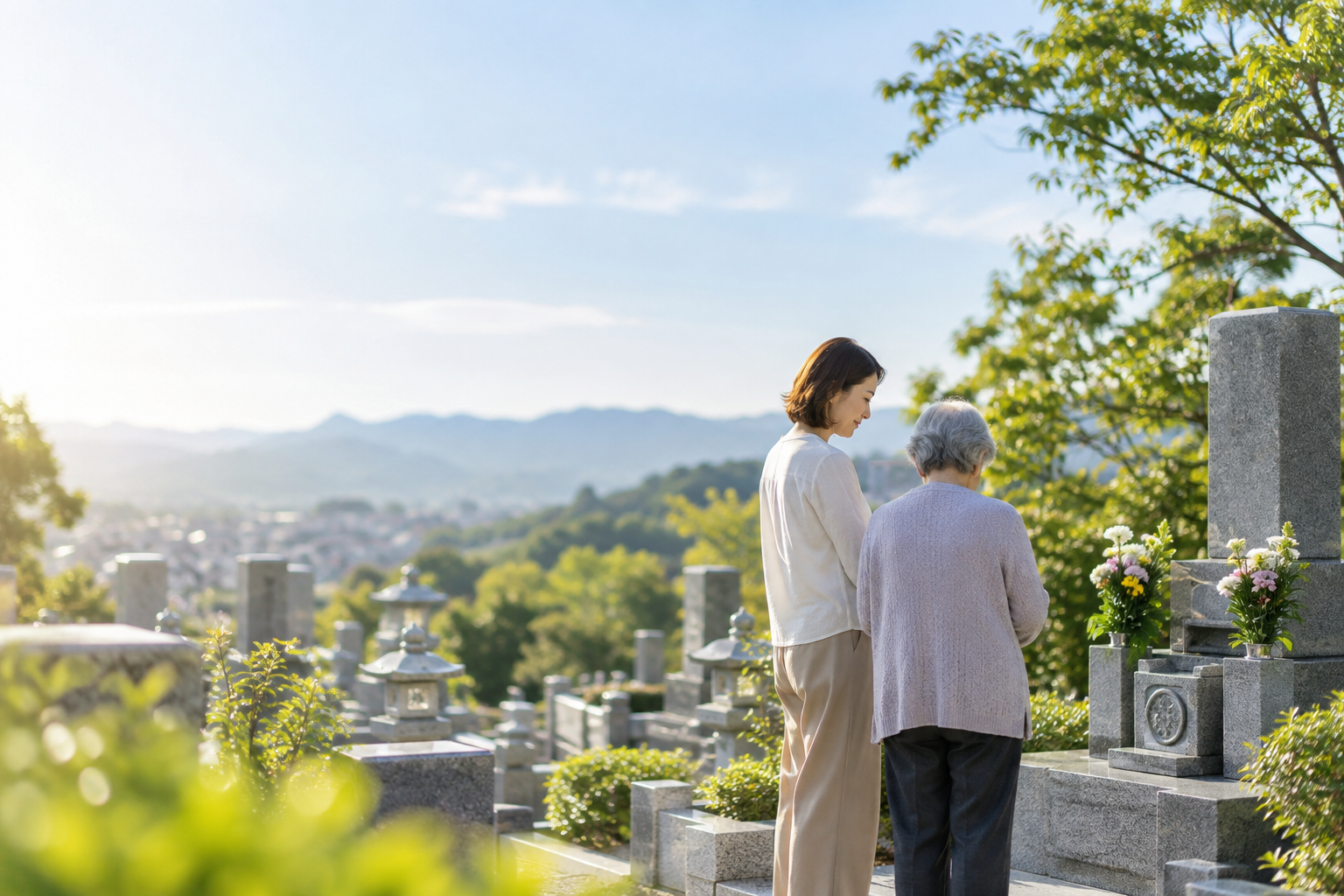 穏やかな墓地で大切な方を偲ぶ家族